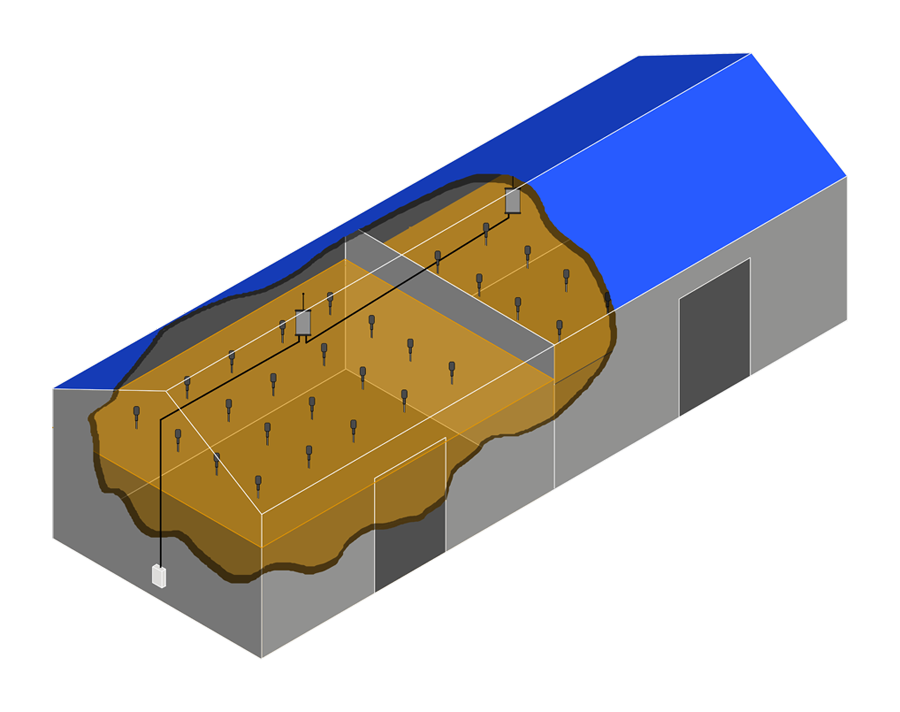 a schmatic of a grain store showing wireless temperature probes possitioned in the grain heap